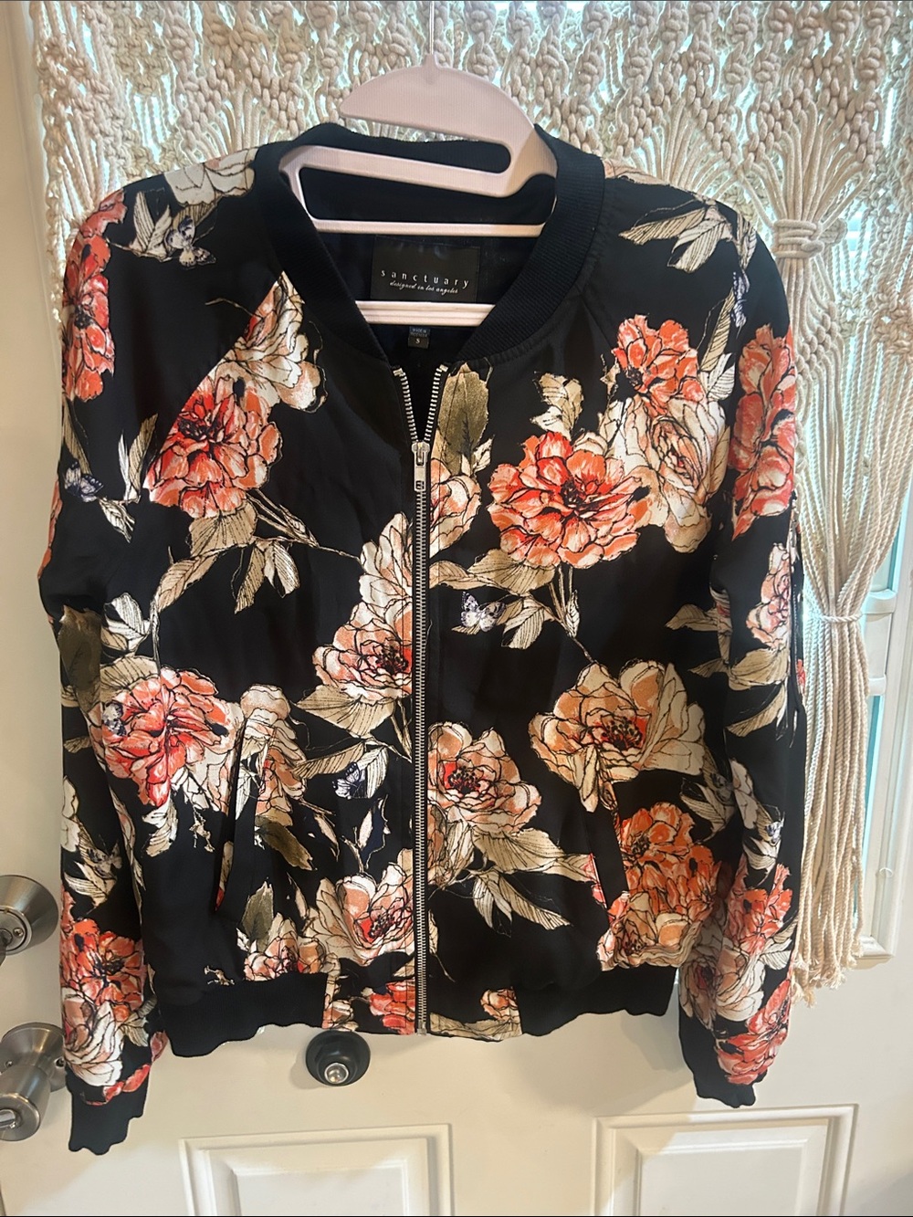 Sanctuary Black Floral Bomber Jacket with Coral & Cream Blooms